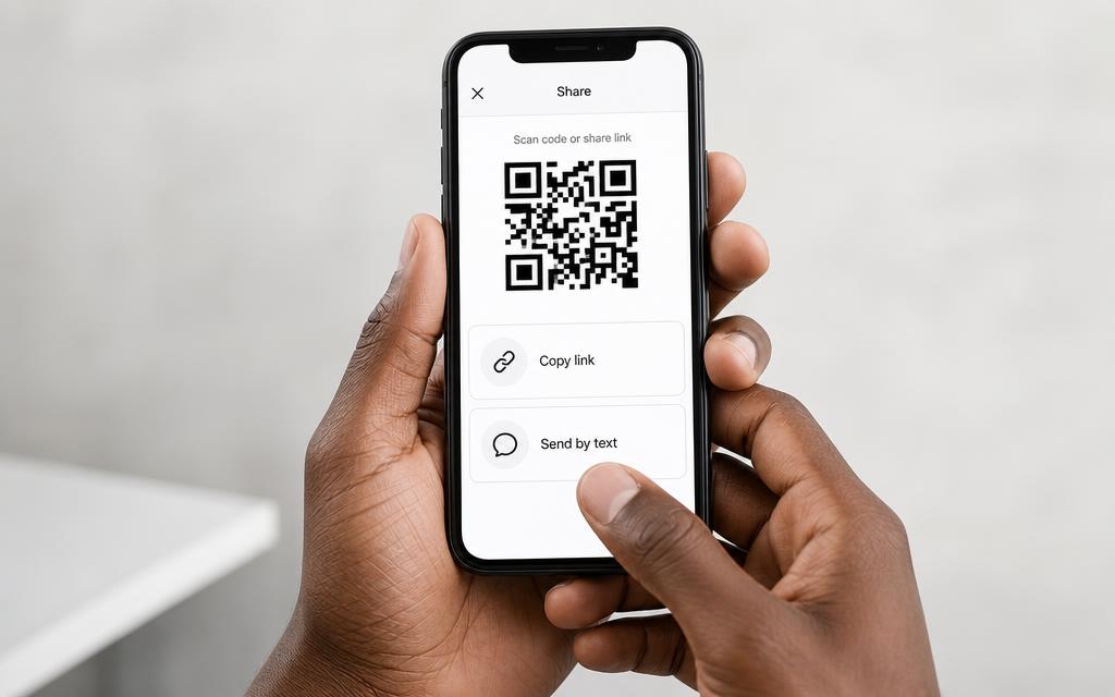 A phone showing a QR code beside a share link and a text message